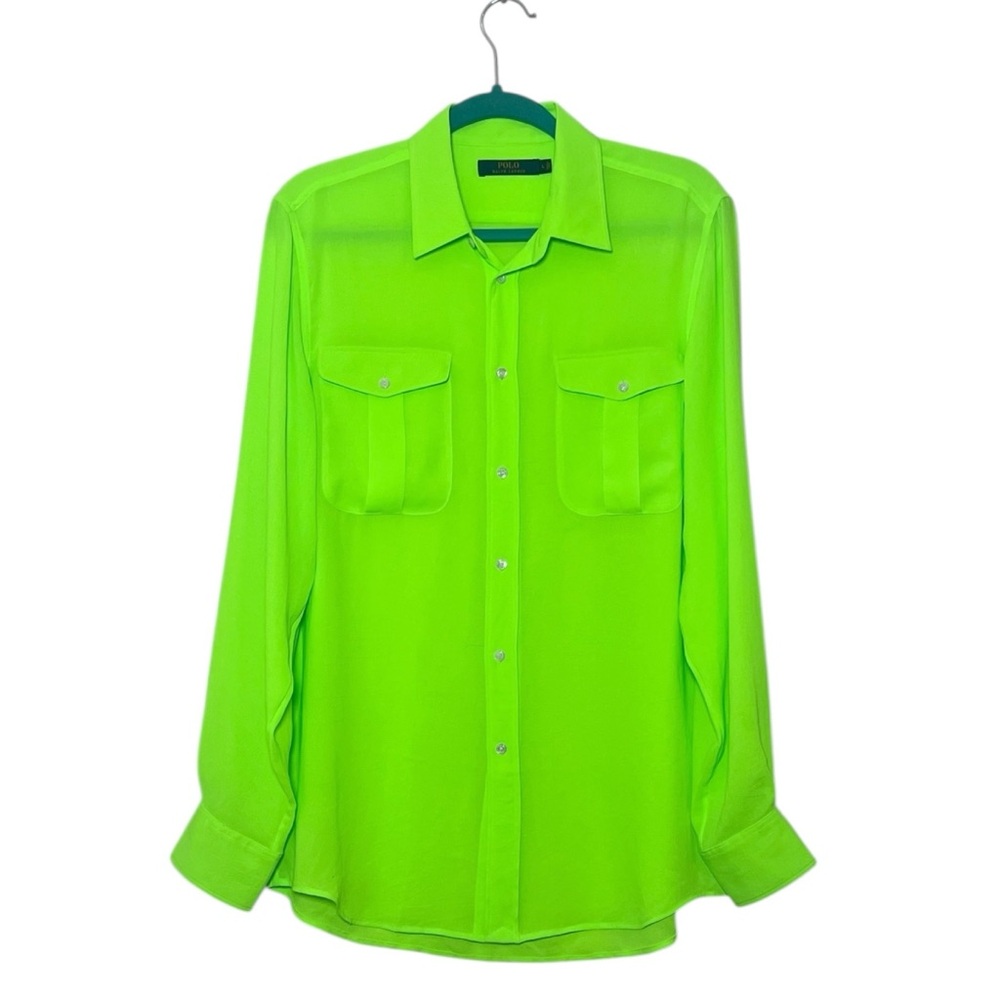 Polo Ralph Lauren neon green men's polyester button front shirt size L
